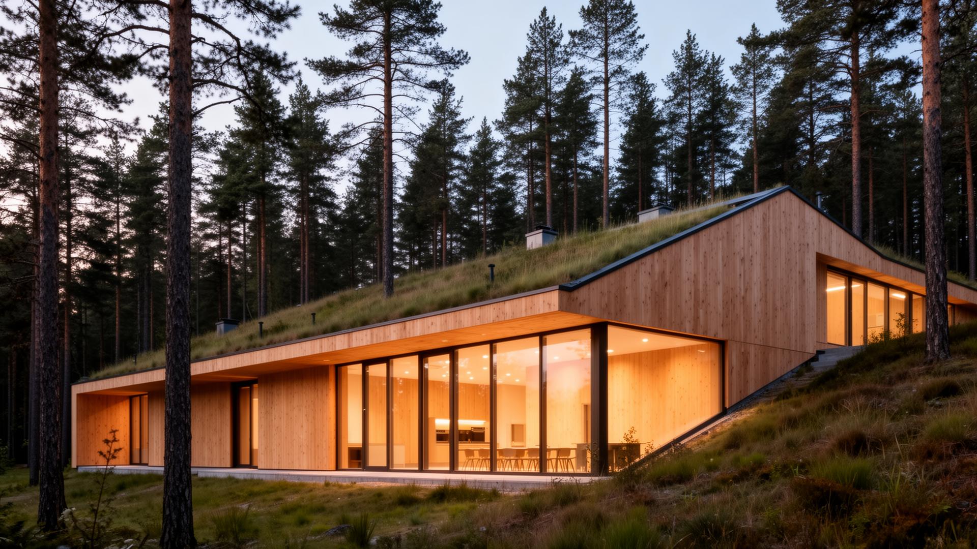 Modern architecture nestled in forest